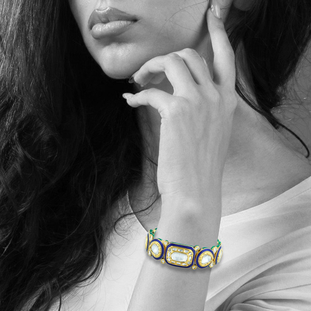 Polki Bracelet with Blue Enamel and Pear-Rectangle Motifs